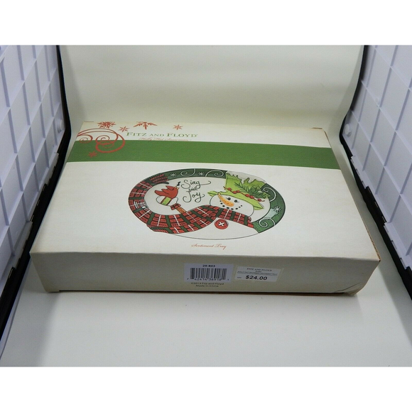 Fitz and Floyd Sentiment Tray Holly Hat Snowman Sing With Joy w/Box Oval - Picture 6 of 8